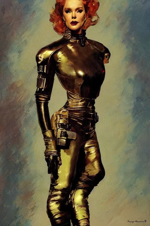 Image similar to pulp scifi fantasy illustration full body portrait of elegant woman wearing leather and metal spacesuit, by norman rockwell, jack kirby, bergey, craig mullins, ruan jia, jeremy mann, tom lovell, 5 0 s, astounding stories, fantasy