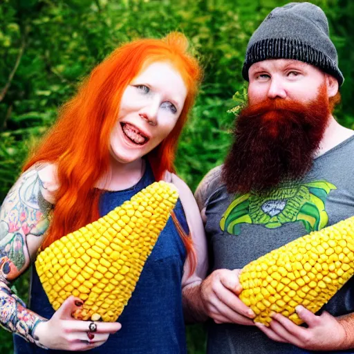 Prompt: photo of a redheaded woman and a man with a thick dark beard and tattoos. They are holding a giant corn with a babies face