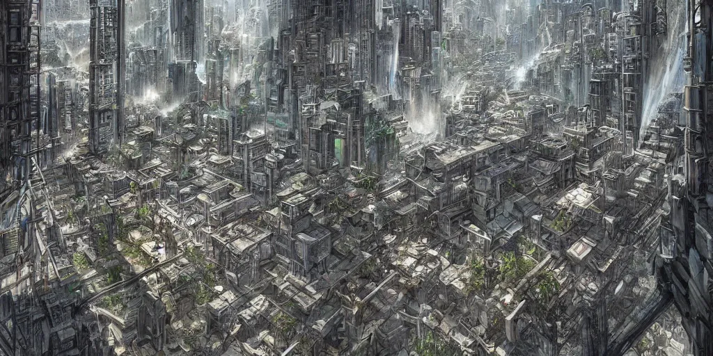 Prompt: slums below a megastructure city, megacity, sci-fi, matte painting, concept art, hyper realistic, intricate details, hyperrealism, style by dylan cole