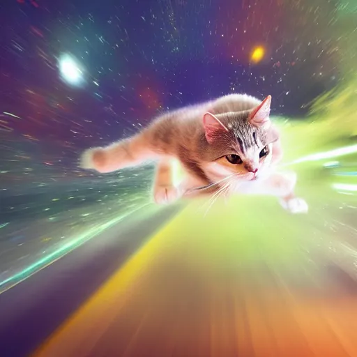 Image similar to photo of hyperspeed flying through outer space cat running fast with motion blur