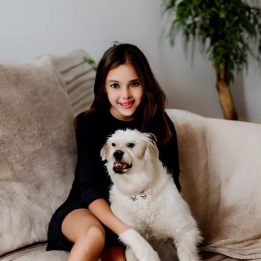 Image similar to a photo of a beautiful girl with a cute dog on her lap in a cozy living room