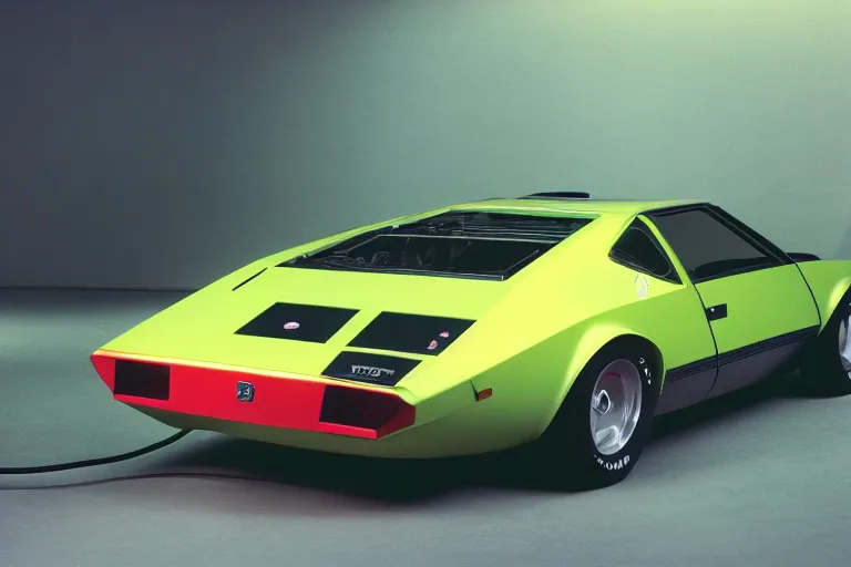 Image similar to designed by Giorgetto Giugiaro stylized poser of a single 1972 Citroen AMC AMX/3 BMW M1, neon lights, ektachrome photograph, volumetric lighting, f8 aperture, cinematic Eastman 5384 film