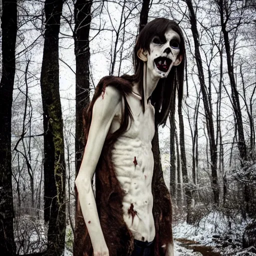 Image similar to blood soaked skinwalker, lanky, skinny, pale skin, snow, forest, dark, horrifying