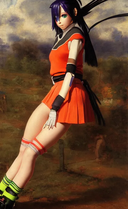 Prompt: rollerblading, neon and black clothes, seifuku, pleated miniskirt, overknee socks, battle angel alita. by rembrandt 1 6 6 7, illustration, by konstantin razumov