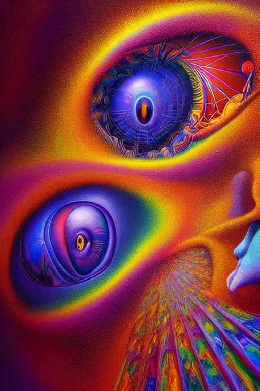 Image similar to hyperrealistic abstract close-up Renaissance psychedelic!! celestial happy! pure creature!! peaceful! kind spirit of nature! beautiful fractal!! eyes! highly detailed concept art eric zener elson peter cinematic hard rainbow lighting high angle hd 8k sharp shallow depth of field endless, inspired by Zdzisław Beksiński Salvador Dali