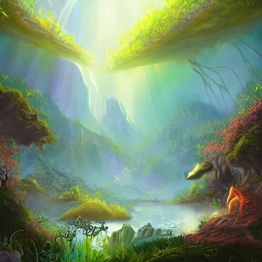 Image similar to beautiful lush natural scene on another planet, with creatures. different than earth but beautiful. lightfall. beautiful detailed digital painting. trending on artstation and deviantart.
