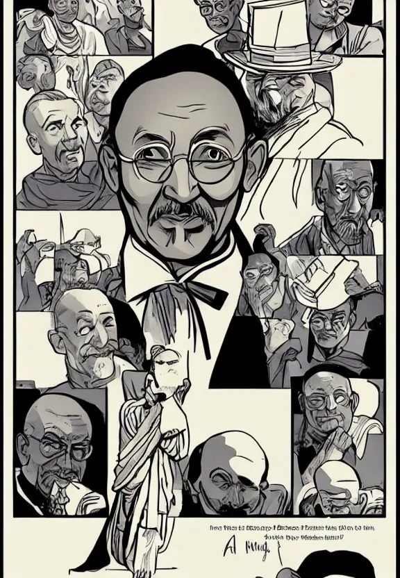 Image similar to Ghandi doing a ted talk in the style of Artgerm Ross Draws and Mike Mignola, hard shadows, strong rim light, comic cover art