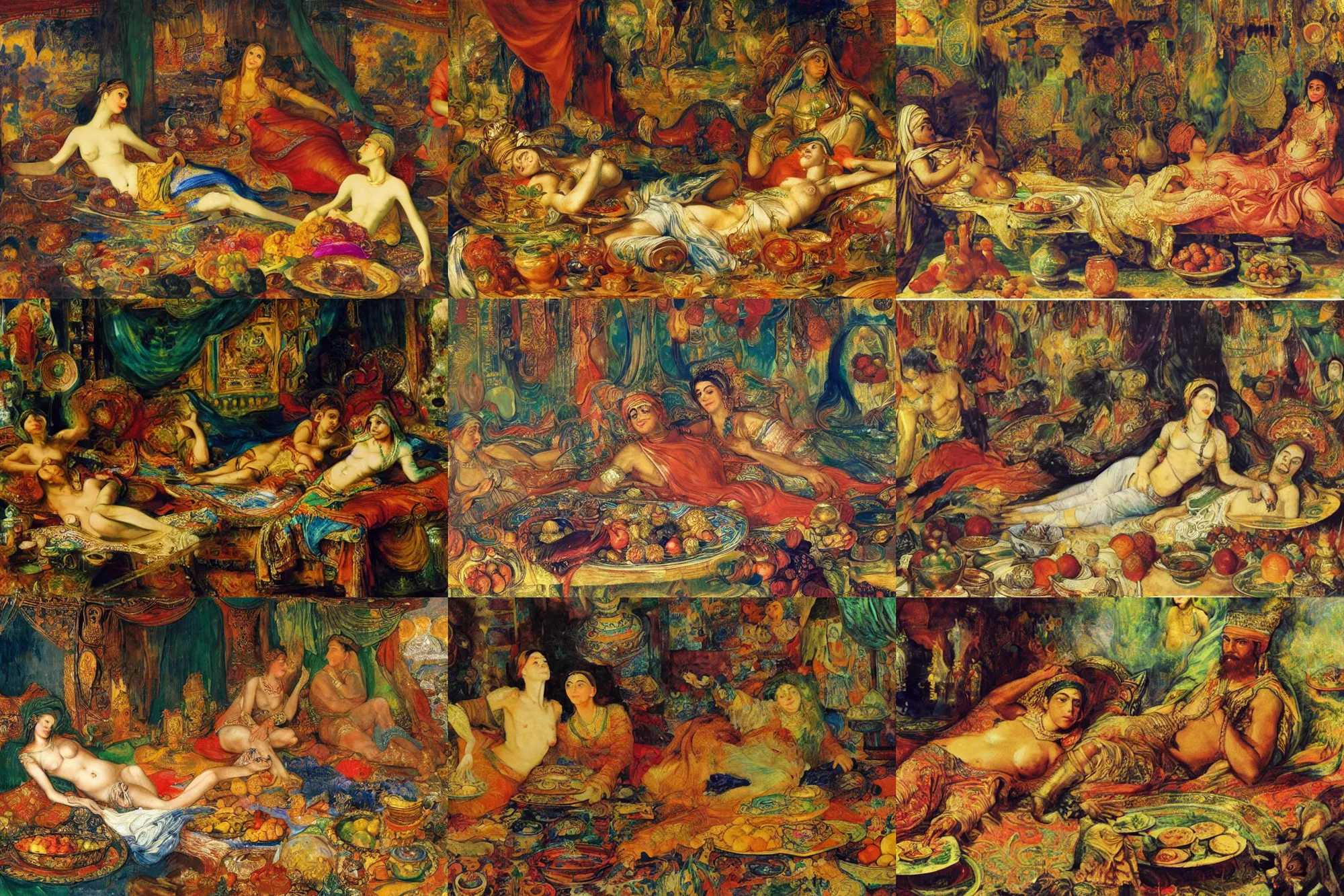 Prompt: digital concept art, Scheherazade and king Shahrar from Alf Laylah wa-Laylah, lying down in bed, surrounded by plates of fruits; epic,masterpiece,ultra detailed,oil on canvas,illustration by Affandi and Ferdinand Keller, 8k