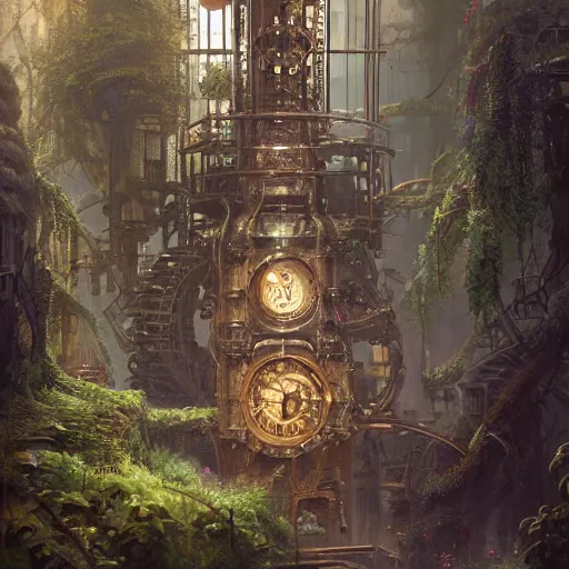 Prompt: a ultradetailed beautiful concept art of the core of a intricate steampunk machine where vegetation have start to peacefully grow in harmony with the machine, dynamic lighting, cinematic lighting, magical atmosphere, concept art, high resolution 4 k, by tom bagshaw, greg rutkowski, charlie bowater and artgeem