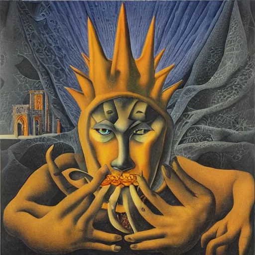 Image similar to king of the beasts 666, by Rene Magritte, by Remedios Varo, by M.C. Escher, fairy-tale illustration style, very detailed, colorful, beautiful, eerie, surreal, psychedelic