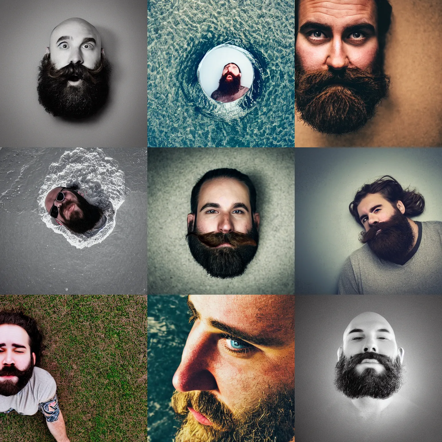 Prompt: burly bearded hairy face floating and looking down from the sky, photography