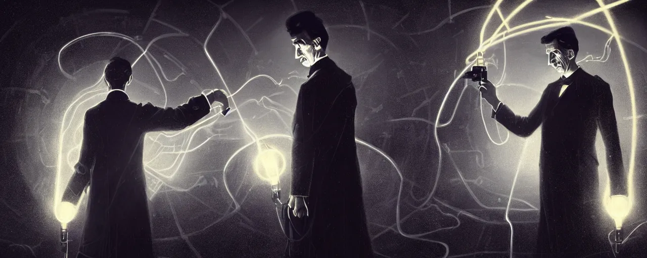 Image similar to duotone dark scifi illustration 3 / 4 portrait of nikola tesla with conducting eletricity experiments with tesla coils. cinematic lighting mad scientist style. golden ratio accidental renaissance. by sachin teng and sergey kolesov and ruan jia and heng z. graffiti art, scifi, fantasy, hyper detailed. octane render. concept art. trending on artstation