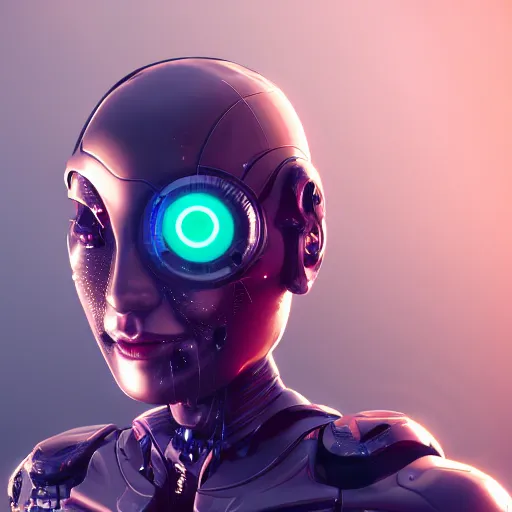 Image similar to cyborg lady with glowing eyes, trending on artstation, smooth, detailed, sharp focus, masterpiece, epic, realistic,volumetric lighting, great, uhd, 4k, by artstation