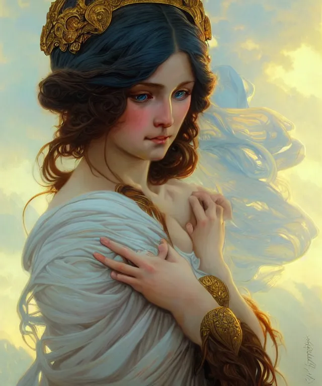 Prompt: young goddess, portrait, blue eyes, beautiful face, long hair, fantasy, ornamental, intricate, elegant, highly detailed, digital painting, artstation, concept art, smooth, sharp focus, illustration, art by artgerm and Greg Rutkowski and Alphonse Mucha