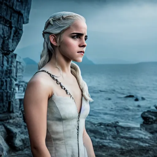 Image similar to Emma Watson as Daenerys Targaryen, XF IQ4, f/1.4, ISO 200, 1/160s, 8K, Sense of Depth, color and contrast corrected, Nvidia AI, Dolby Vision, in-frame