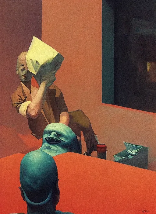 Image similar to hungry hamburger eating a man with a paper bag over his head Edward Hopper and James Gilleard, Zdzislaw Beksinski highly detailed