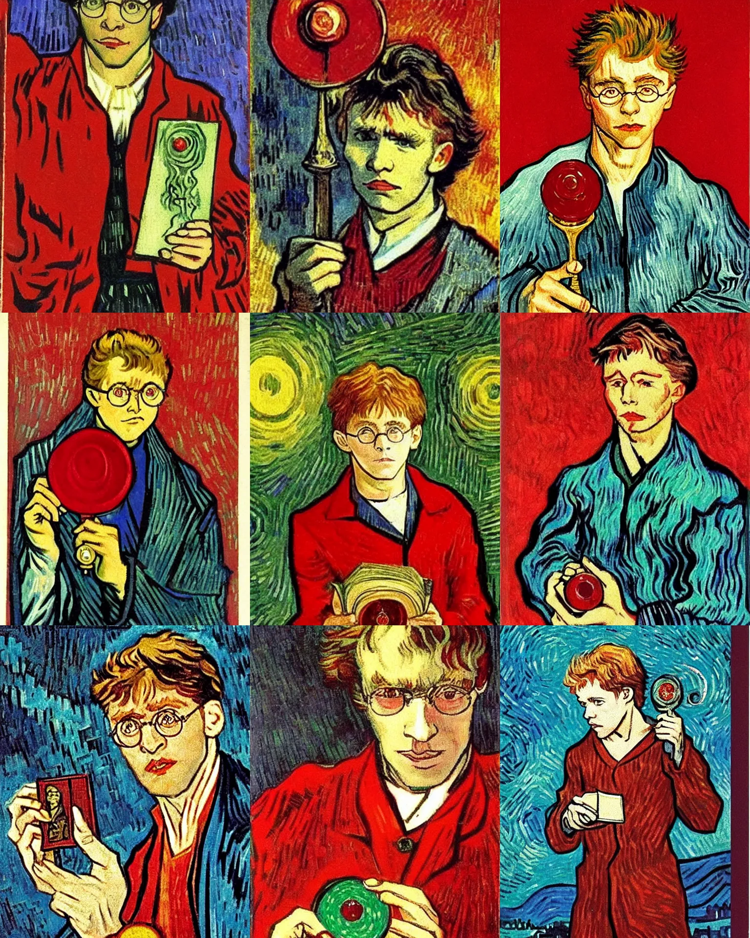 Prompt: harry is holding a red ruby, harry potter and the philosopher's stone ( 1 9 9 7 ) book cover design by van gogh, book title visible