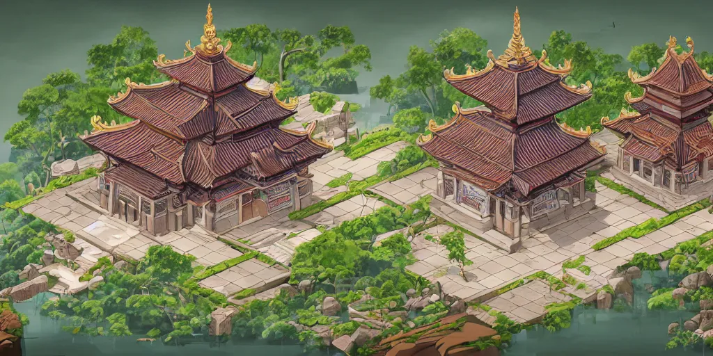 Prompt: vietnamese temple scene, 2 d game art background, sharp, detailed, intricate, game level design, cinematic lighting, trending on artstation, in style of vinodh sivaraja and lam manh, not isometric, not overhead, no people