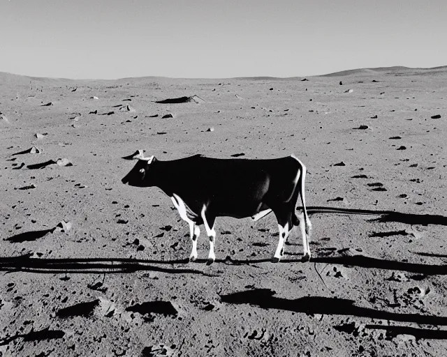 Prompt: a vintage photo of a cow on the moon, earth in distance