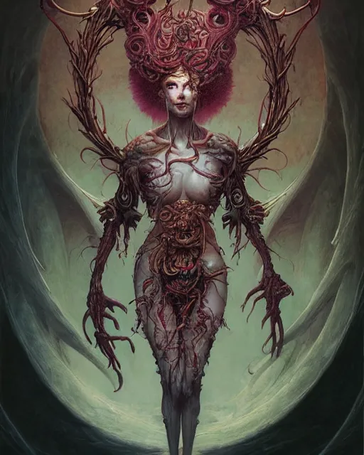 Image similar to perfectly centered portrait front view of a angry dead rotten beautiful female daemon growing ornamentation, ornate, detailed, symmetrical, elegant, beautifully soft lit, by wayne barlowe, peter mohrbacher, kelly mckernan