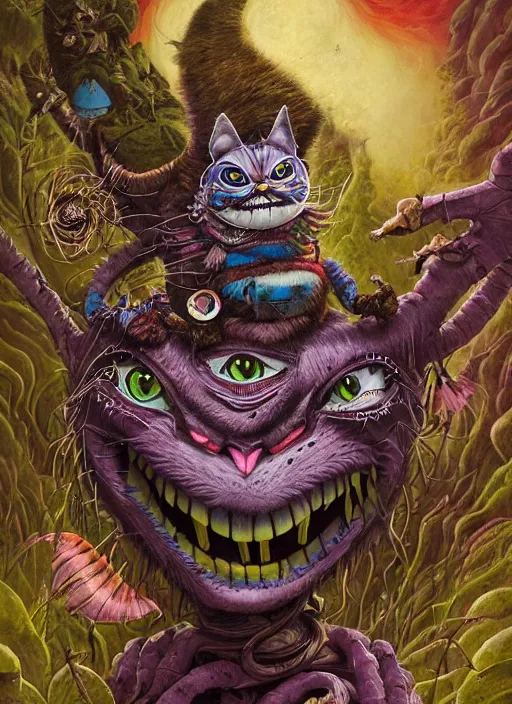 Image similar to cheshire cat, aztec god, highly detailed, cinematic, 8 k, by megan duncanson, benjamin lacombe, adrian borda, stanley artgermm, tom bagshaw, craig mullins, carne griffiths, ayami kojima, beksinski, giger, trending on deviantart, hyper detailed, horror, full of colour