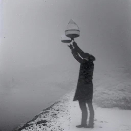 Image similar to a man holds a lantern, snowstorm, foggy, cold, view from the distance, black and white vintage photo