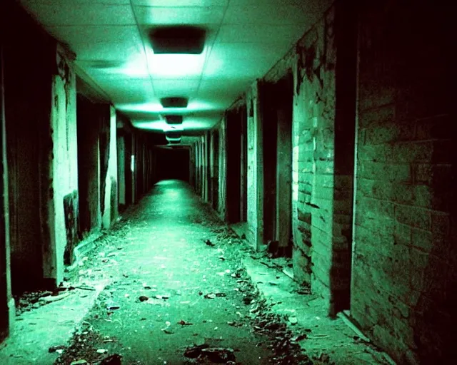 Image similar to dark abandoned hallway at night, bright eyes can be seen, letterboxing, widescreen, 40mm tape, technicolour film, grainy, horror, eyes!!!!!!