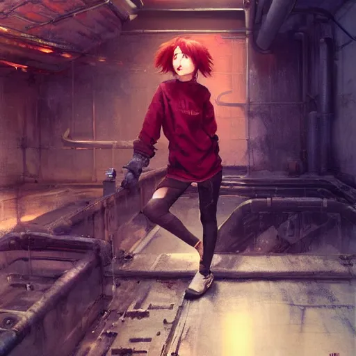 Prompt: red - haired tomboy with one hand twists time in an underground industrial space by yoshitakab amano, by greg rutkowski, by jeremy lipkinng, by artgerm, digital art, octane render 8 k ultrahd illustration