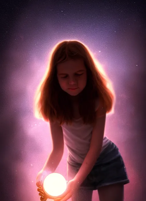 Prompt: girl shakes a bottle containing the sun and the milky way in a dimly lit room. fantasy art, horror, nightmare, photo realistic, dynamic lighting, artstation, poster, volumetric lighting, very detailed faces, 4 k, award winning