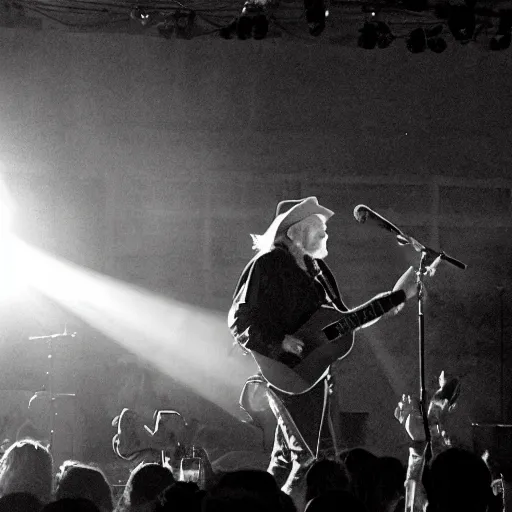 Image similar to willie nelson on stage, four fingers holdingguitar. god rays through fog.