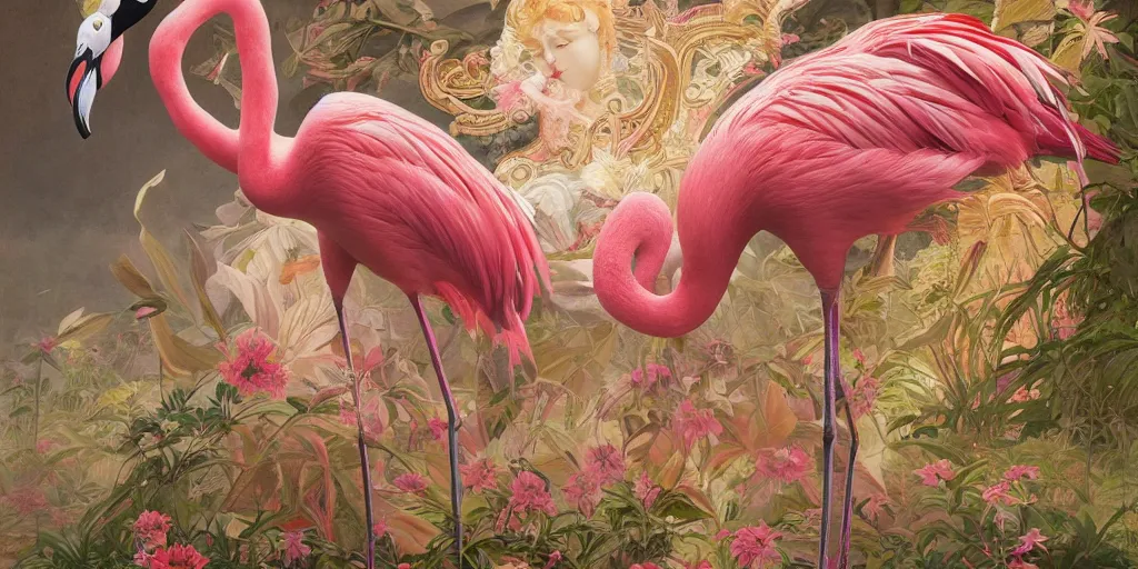 Image similar to breathtaking detailed concept art painting of the goddess of flamingo, orthodox saint, with anxious, piercing eyes, ornate background, amalgamation of leaves and flowers, by Hsiao-Ron Cheng and John James Audubon, extremely moody lighting, 8K