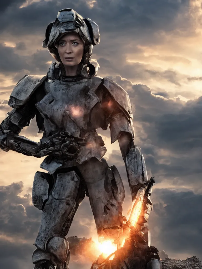 Prompt: emily blunt in futuristic power armor, close up portrait, solitary figure, standing atop a pile of rubble, holding a sword on her shoulder, heroic, sunset and huge cumulus clouds behind her