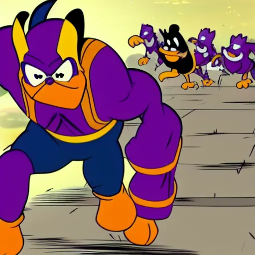 Prompt: Thanos beating Daffy Duck in a race