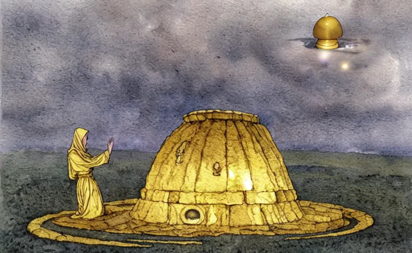 Image similar to a realistic and atmospheric watercolour fantasy concept art of a golden ufo landing on top of stonehenge. female medieval monk in grey robes kneeling with her hands by her sides. by rebecca guay, michael kaluta, charles vess and jean moebius giraud