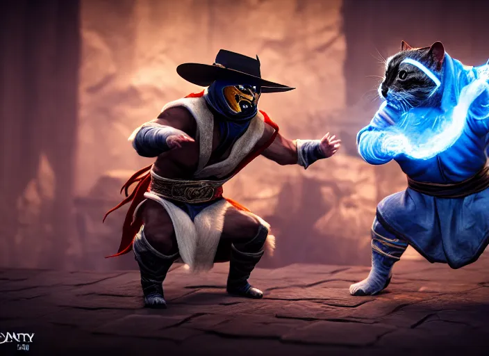 Prompt: hamster dressed as sub zero fights a cat dressed as kung lao in mortal kombat on the background of a laughing shao khan. fantasy magic style. highly detailed 8 k. intricate. lifelike. soft light. sony a 7 r iv 5 5 mm. unreal engine with nanite and path tracing