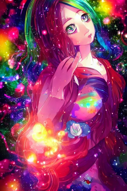Image similar to psychedelic, whimsical, anime, 4k, beautiful intimate woman smoking with professional makeup, long trippy hair, a crystal and flower dress, sitting in a reflective pool, surrounded by gems, underneath the stars, rainbow fireflies, trending on patreon, deviantart, twitter, artstation, volumetric lighting, heavy contrast, art style of Ross Tran and Ilya Kuvshinov