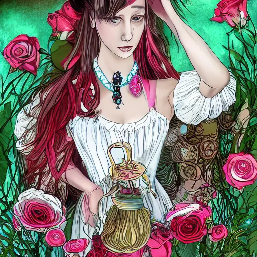 Image similar to Alice in Wonderland at the tea party, she looks like a mix of grimes and zoë kravitz, very long fingernails, childlike, hair and dress billowing dramatically in the wind, wearing heaving stacks of pearl necklaces, surrounded by red and white roses, digital illustration, inspired by a stylistic blend of Æon Flux by Peter Chung, Japanese shoujo manga, and murals by Shepard Fairey, hyper detailed!!! dreamlike, otherworldly and ethereal!!!!, delicate, flower petals, super photorealistic!! extremely fine inking lines, gradient colors