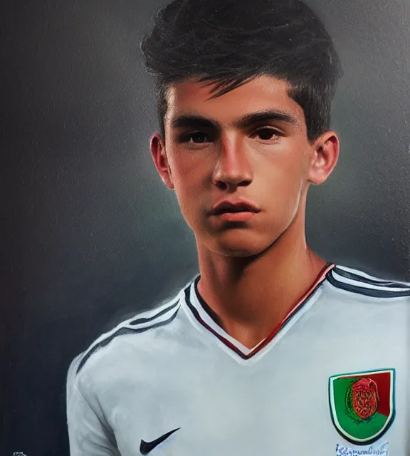 Prompt: portrait of a handsome young mexican soccer player, art by denys tsiperko and bogdan rezunenko and franz xaver kosler, hyperrealism