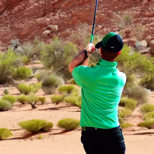 Image similar to pickle flavored man golfing in the desert