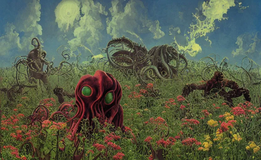 Prompt: cthulhu devouring a meadow with flowers and hedge mazes. lovecraftian horror. highly detailed science fiction painting by norman rockwell, frank frazetta, and syd mead. rich colors, high contrast, gloomy atmosphere, dark background. trending on artstation