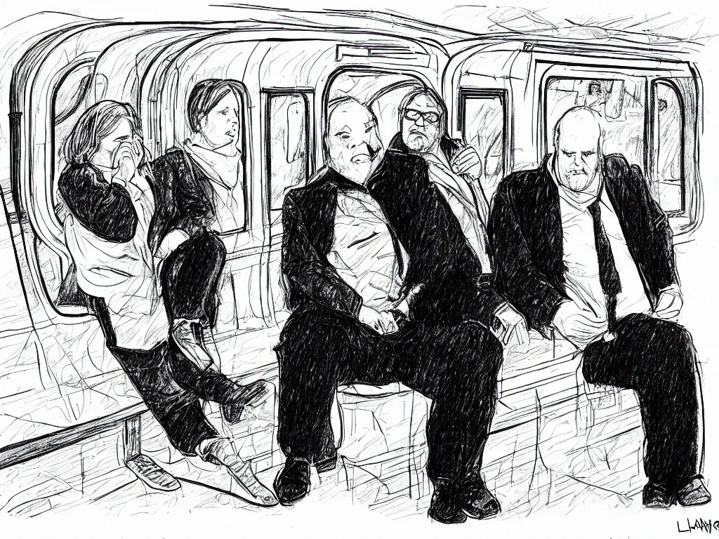 Image similar to a pen and ink drawing by Jaime Hernandez, a low angle medium shot of two people sitting in an empty Chicago subway train, in front of windows: a sad Aubrey Plaza wearing a winter coat and a man who looks like a mix of (Louis CK and Philip Seymour Hoffman) in a suit