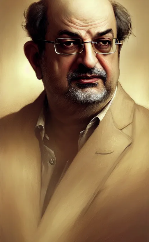 Image similar to portrait of salman rushdie, deep focus, d & d, fantasy, intricate, elegant, highly detailed, digital painting, artstation, concept art, matte, sharp focus, illustration, art by artgerm and greg rutkowski and alphonse mucha