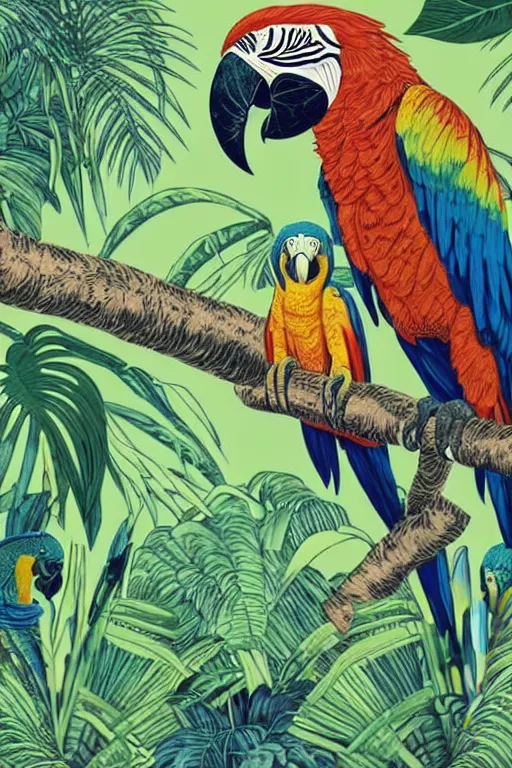 Prompt: a beautiful linocut of a lush jungle with a macaw parrot, 8 k, frostbite 3 engine, cryengine, dof, trending on artstation, digital art, crepuscular ray, art by roy l davies and tugboat printshop