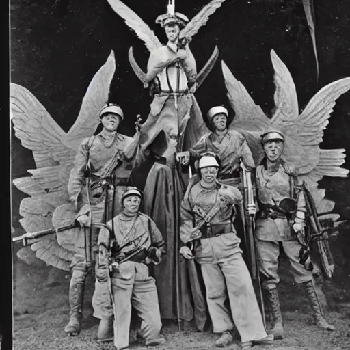 Image similar to US cavalry soldiers pose in front of an archangel as the the one with the flaming sword 1900.