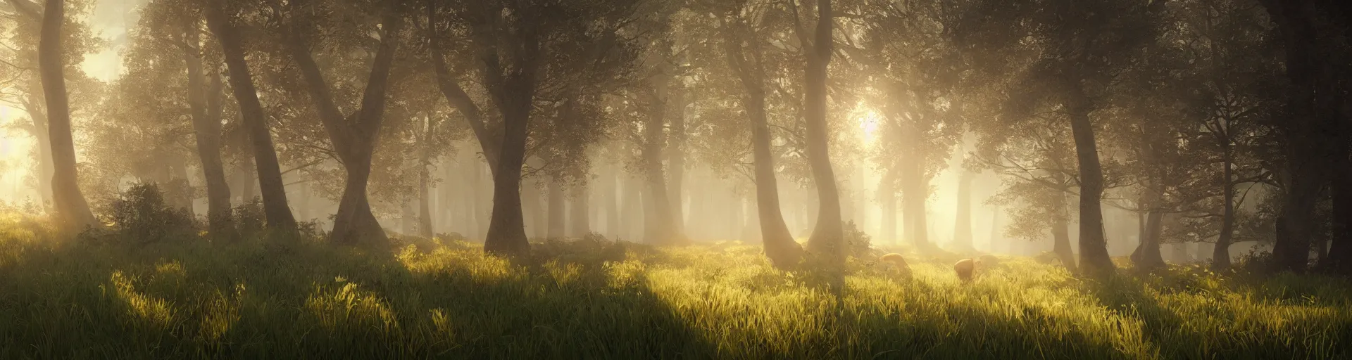 Prompt: beautiful render of a landscape, unreal engine, first light, foggy forest, field, lush grass, beautiful sunrise, soft light, by greg rutkowski, cgsociety