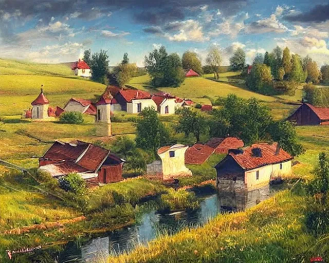 Prompt: a beautiful view of a peaceful village in ukraine. art by denys tsiperko and bogdan rezunenko, hyperrealism