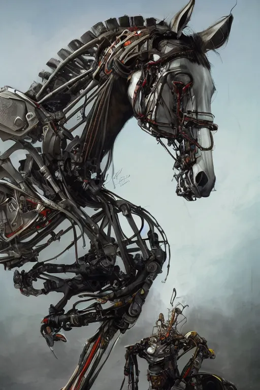 Image similar to 3 quarter view photography portrait of a biomechanical stalion horse illustrated by greg rutkowski and Akira Saito and Peter mohrbacher, boston dynamics, 4k,