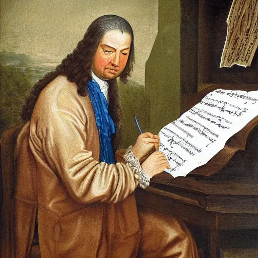 Image similar to highly detailed painting of bach writing a piece of music on a sheet of paper, he is inside of a wooden shack, 4 k resolution, by jaquis luis david, visible paint layers, renaissance.