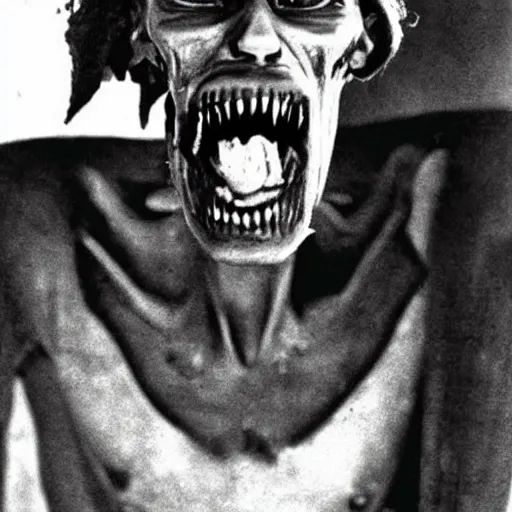 Image similar to horrifying, killer, creepy, dead, monster, tall, skinny, open mouth, old photo, dark