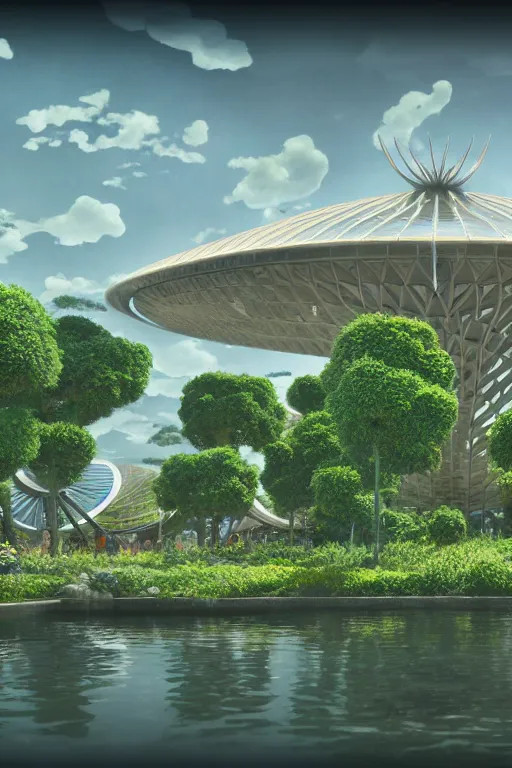 Image similar to expo 6 7 pavillion, solarpunk, studio ghibli, jean - baptiste monge, octane render, 4 k, symmetry